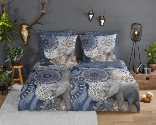 Traumschloss Comfort Flanell Bettwäsche - Meya - Mandalas mit Elefant. blau 155x220 / 80x80