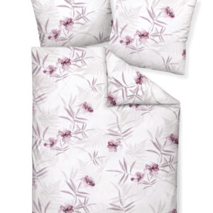 Traumschloss Premium Flanell Bettwäsche - rosa Blüten und Blätter auf hellem Hintergrund 155x220 / 80x80